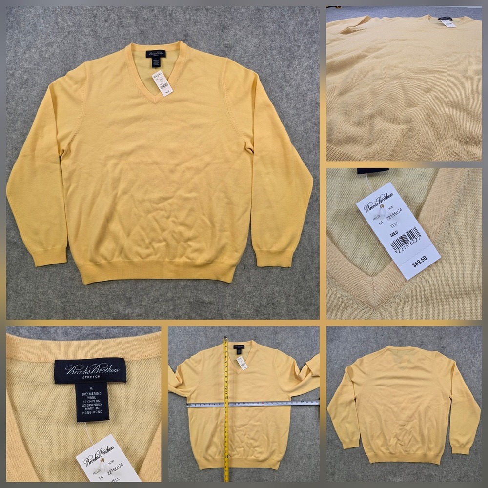 Brooks Brothers Sweater Mens Medium Yellow Merino Wool V Neck Knit Pullover